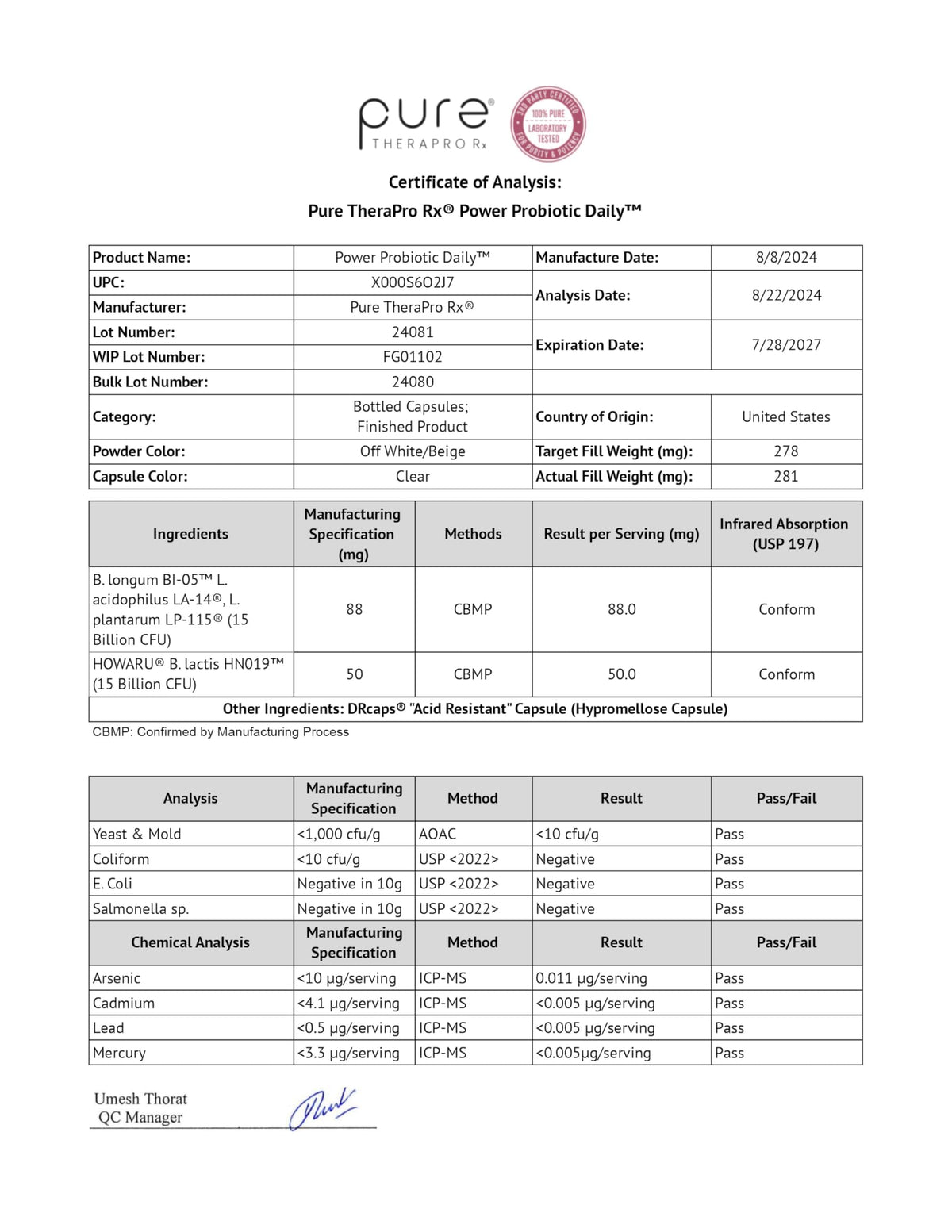 Pure Therapro Rx Power Probiotic Daily - 30 Acid-Resistant Capsules | 4 Proven Strains - 30 Billion CFU/Capsule | Patented Activ-Vial Desiccant Bottle