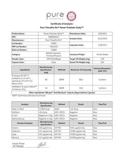 Pure Therapro Rx Power Probiotic Daily - 30 Acid-Resistant Capsules | 4 Proven Strains - 30 Billion CFU/Capsule | Patented Activ-Vial Desiccant Bottle