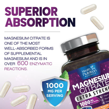 Magnesium Citrate 1000mg Per Serving - Max Absorption Magnesium Powder Capsules for Muscle, Nerve, Bone and Heart Health Support, High Absorption Citrate Complex