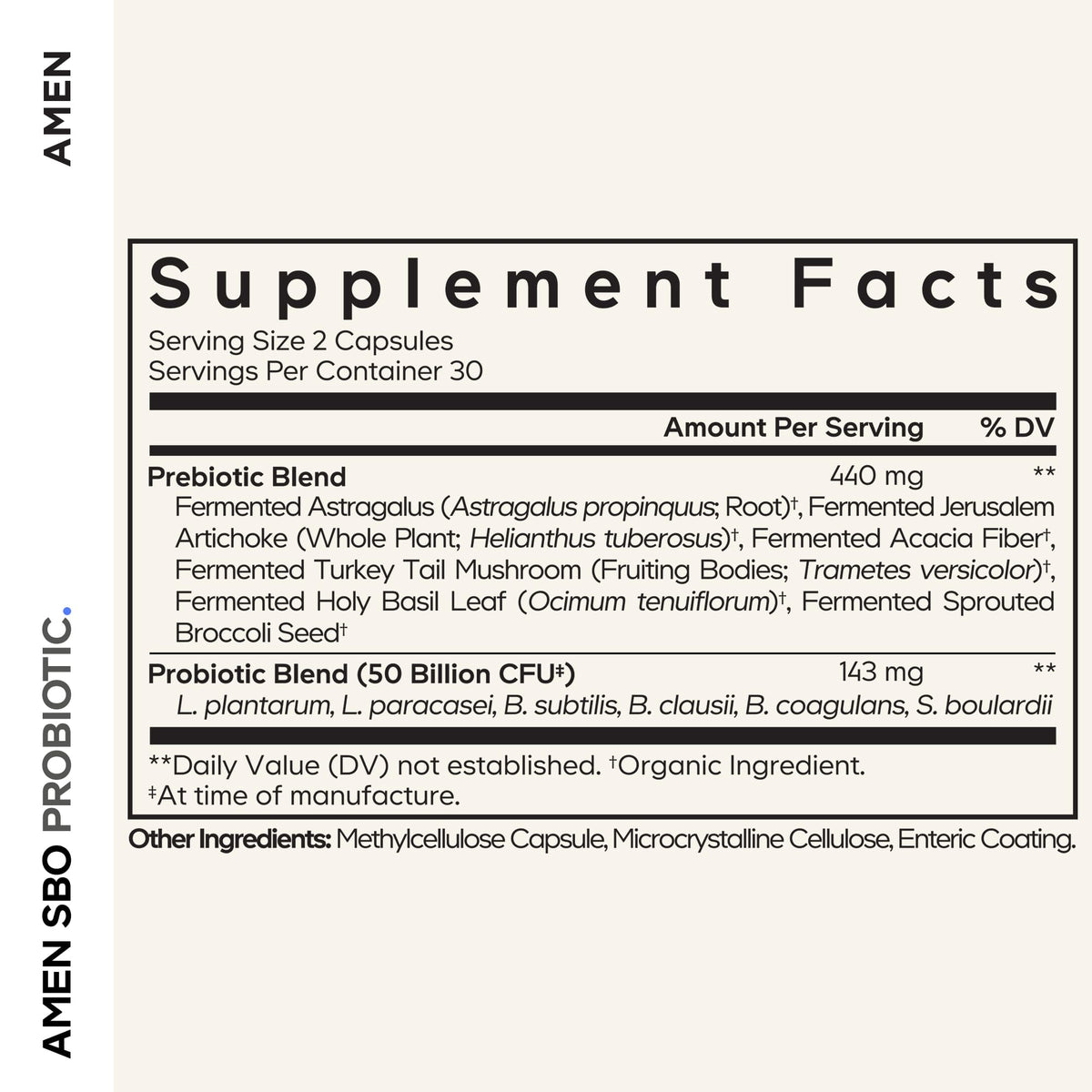 Amen Probiotics Supplement, SBO Probiotic and Organic Prebiotics, 50 Billion CFUs, Shelf Stable, No Refrigeration Required, Flora Daily Probiotic Formula for Women & Men