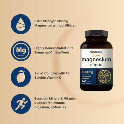 NatureBell Pure Magnesium Citrate 500mg per 3 Capsules Serving Size, 240 Capsules per Bottle