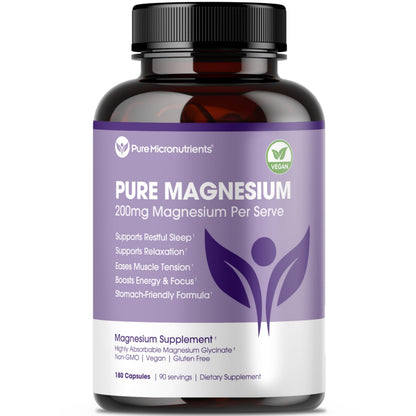 Pure Magnesium Glycinate Supplement – Highly Absorbable Chelated Magnesium to Support Sleep, Muscle & Nerve Health, Energy, Relaxation & Bone Health – 200mg Per Serving, 180 Capsules Pure MicronutrientsBuy Supplements Australia