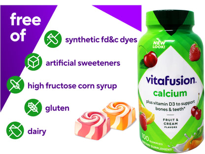 VitaFusion Calcium 500 mg Dietary Supplement Gummies Natural Fruit and Cream Flavors - 100 ct, Pack of 2