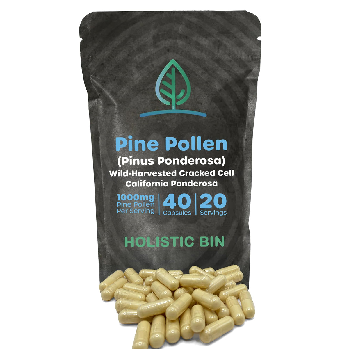 Holistic Bin Pine Pollen Capsules 500mg (Pinus Ponderosa) - Wild Harvested California Ponderosa Pine Pollen Powder - Olympic Grade - Organic, Non-GMO, No Fillers - 30 Day Supply (40 Capsules) Holistic BinBuy Supplements Australia