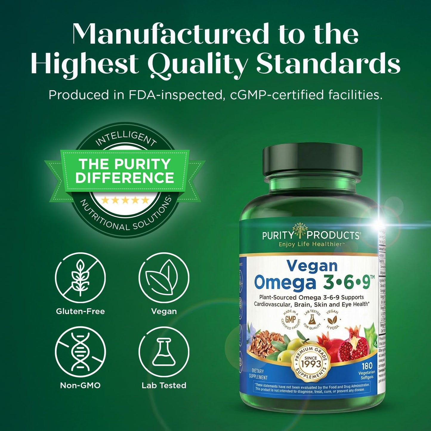Purity Products Vegan Omega 3 6 9 Formula - “5 in 1” Essential Fatty Acid Complex - Scientifically Formulated Plant-Based Vegan Omega 3-6-9 Essential Fatty Acids