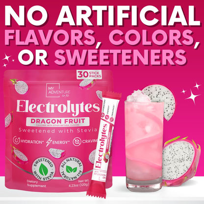 Zero Sugar Dragon Fruit Electrolytes Sticks - Refreshing Hydration - Caffeine Free Energy with Natural Ingredients - Vegan, Keto & Paleo