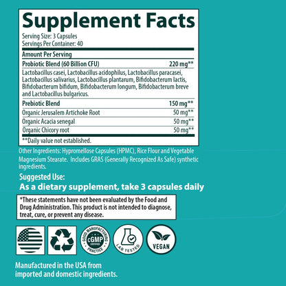 Sanar Naturals Probiotics 60 Billion CFU –  Support, Digestive & Gut Health - Probiotics for Women and Men - Vegan, Non-GMO, Gluten Free, 120 Capsules