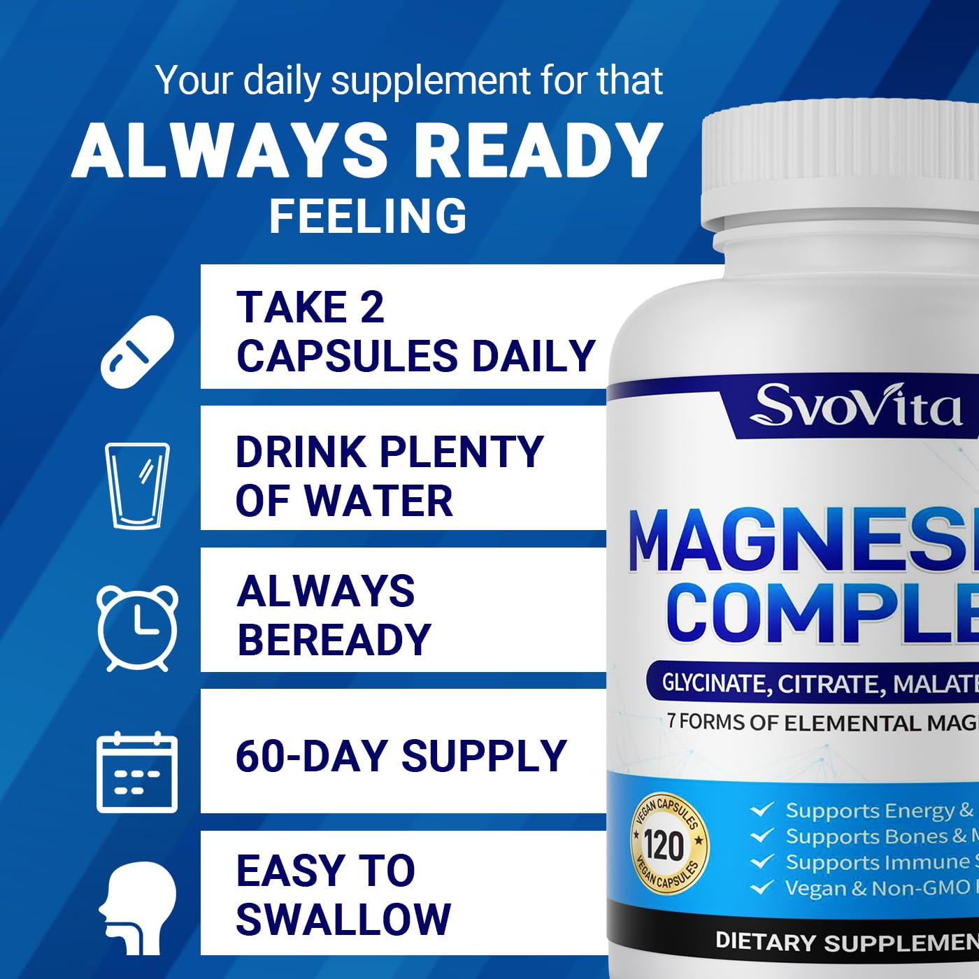 Magnesium Complex Supplement with 7 Forms of Magnesium Glycinate, Malate, Citrate & More, High Absorption for Bones, Muscle, Recovery, Energy, Vegan Non-GMO 120 Capsules Svovita buy supplements Au