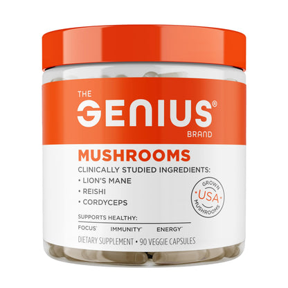 The Genius Brand Genius Mushrooms - Plant-Based Supplement for Immune, Focus & Energy Support - Lion's Mane, Cordyceps & Reishi