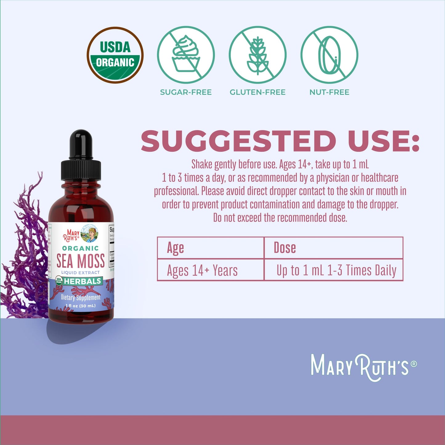 MARYRUTH'S Organic Irish Sea Moss Liquid Drops | Chondrus Crispus | Wild Harvested | Organic Irish Moss Formulated for Adults & Kids Ages 14+ | Unflavored