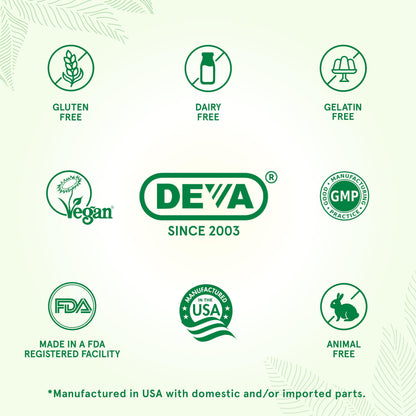 DEVA Vegan Probiotic Supplement - Pre, Pro, and Postbiotics for Digestive Health, 5 Billion CFU, Soil-Based, Spore-Forming, Dairy Free, FOS Prebiotics