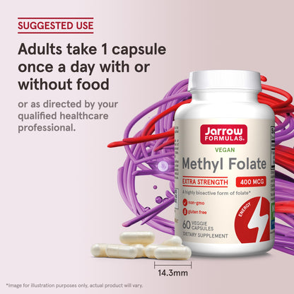 Jarrow Formulas Extra Strength Methyl Folate 400 mcg, Dietary Supplement for Cardiovascular and Neurologic Health Support