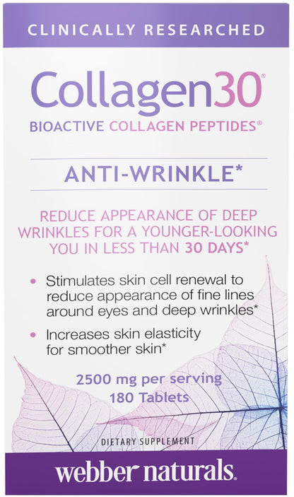 Webber Naturals Collagen 30 Anti-Wrinkle, 2,500mg of Bioactive Collagen Peptides Per Serving (3 Tablets), 180 Tablets, Helps Reduce Deep Wrinkles