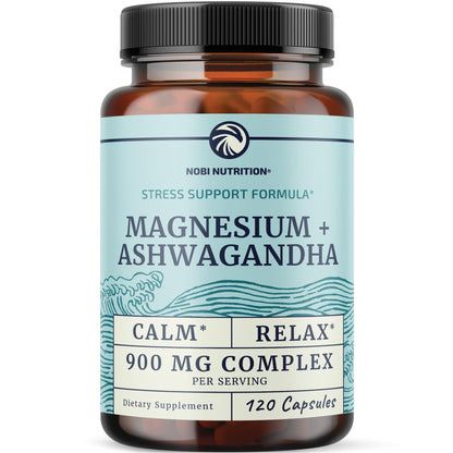 Magnesium Ashwagandha | Calming Magnesium Supplement for Adults | Relax, Rest, Calm Mood & Sleep Support | Mag Citrate & Oxide 400 mg + Ashwagandha 500 mg | Muscle Health & Stress Relief | 120 Ct Nobi NutritionBuy Supplements Australia