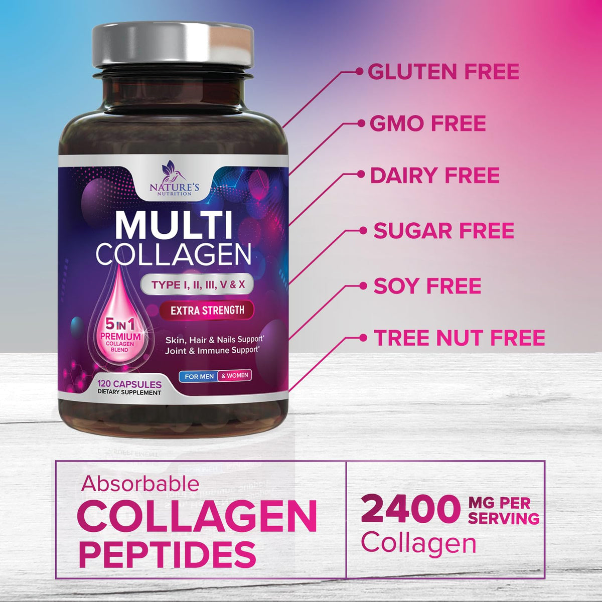 Multi Collagen Pills - Multi Collagen Complex 2400 mg Per Serving - Types I, II, III, V, X - Hydrolyzed Collagen Peptides Supplement - Hair, Skin & Nail Support - Bottled in the USA - 120 Capsules Nature's Nutrition buy supplements Au