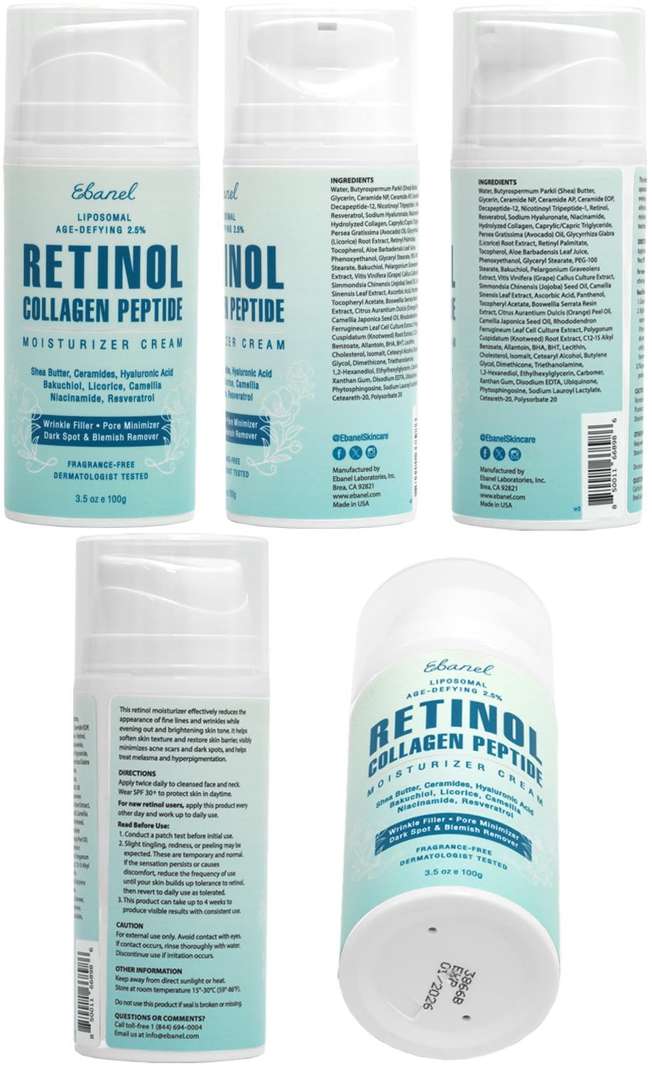 Ebanel Retinol Cream for Face 3.5 oz, Moisturizer with Collagen, Peptides, Ceramides, Hyaluronic Acid, Vitamin C & B5, Firming Anti Aging Face Cream for Wrinkles, Fine Lines, Dark Spots, Day & Night