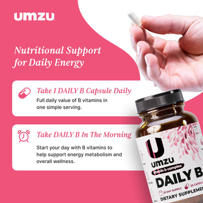 UMZU Daily B, 30 Day Supply – Complete Vitamin B Complex Supplement Blend with B1, B2, B3, B5, B6, B7, B9 & B12 Plus Folic Acid & Biotin – Supports Energy, Focus, Mood,