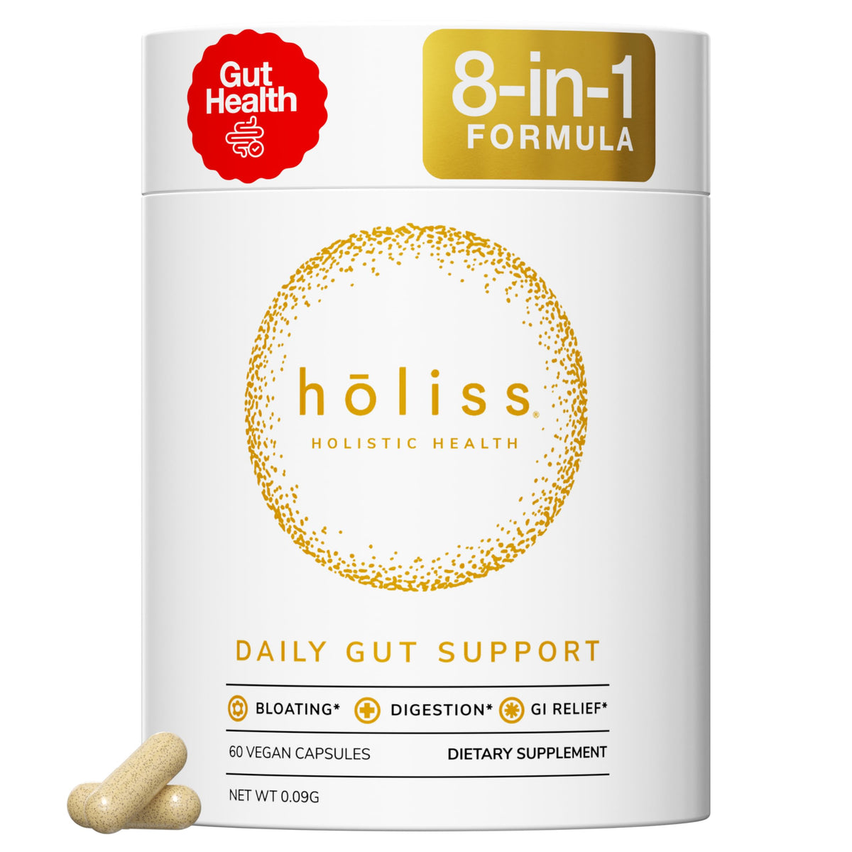 Holiss daily gut support supplement container with capsules on a white background