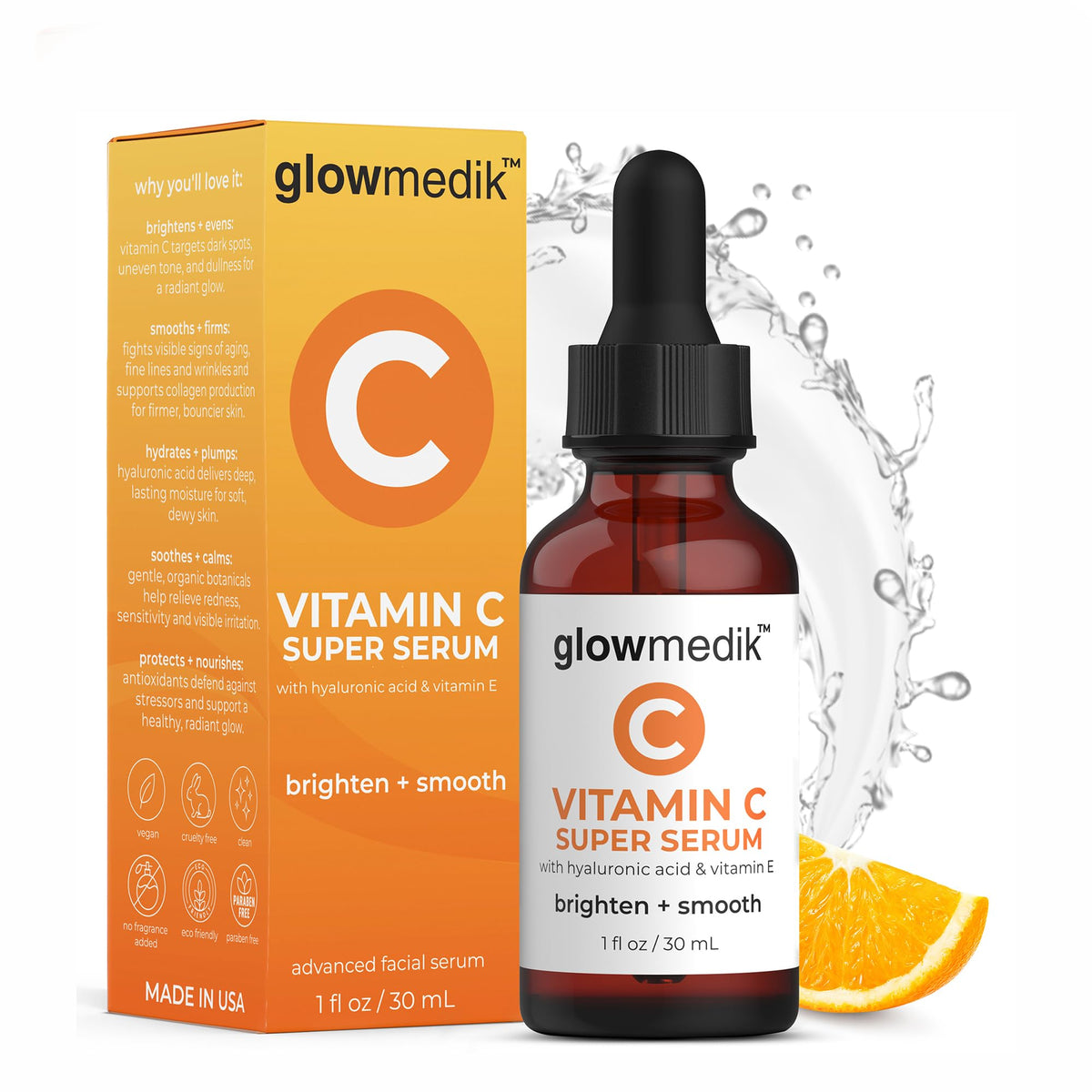 GlowMedik Vitamin C Serum for Face - Illuminating Brightening Serum for Dark Spots - Dark Spot Corrector with Hyaluronic Acid & Vitamin E - Fine Lines & Wrinkles, Sensitive Skin, Made in USA 1 fl oz