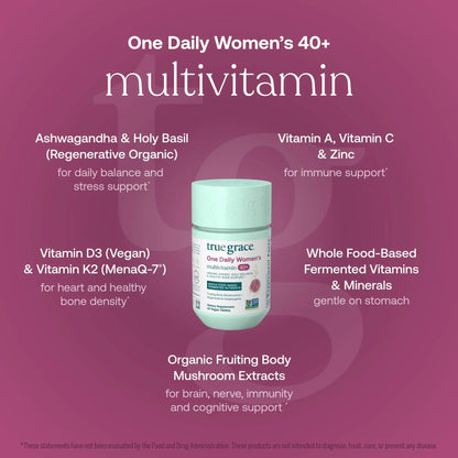 True Grace One Daily Women’s Multivitamin 40+ Fermented Minerals, Organic Adaptogens & Mushrooms Energy, Immune, Bone Support True Grace