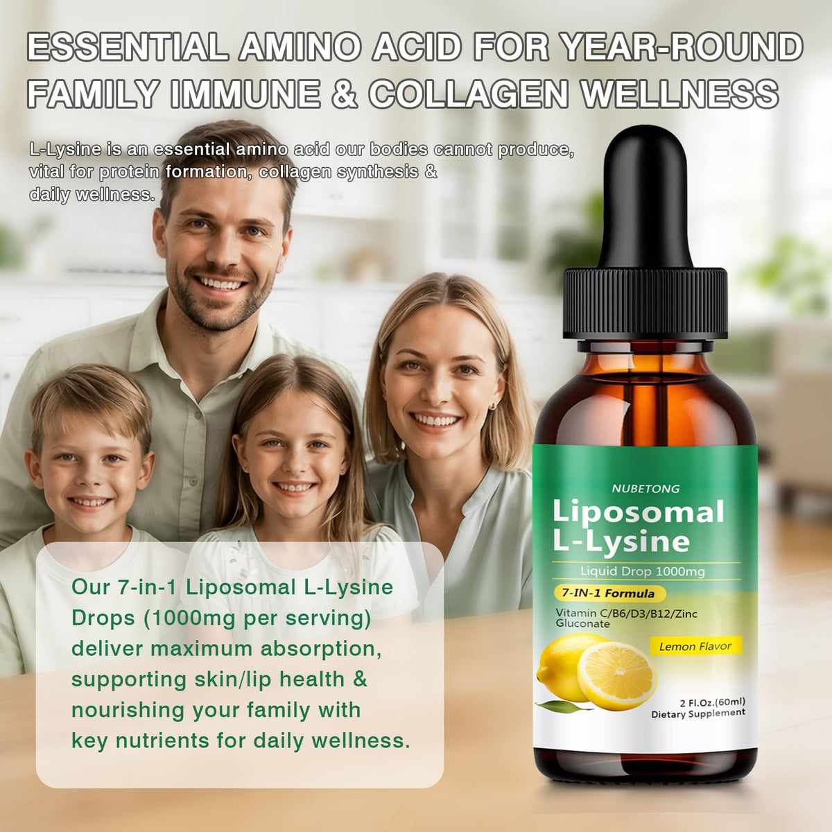 Liposomal L-Lysine 1000mg Liquid Drops, 7-in-1 Lysine Supplement for Adults with Vitamin C/B6/D3/B12 & Zinc Gluconate, Immune Support, Collagen Synthesis & Skin Lip Health, Lemon Flavor, 2 Fl Oz