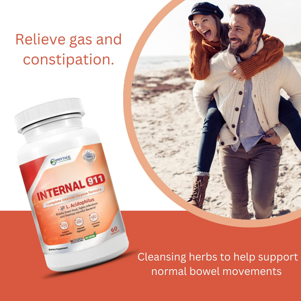 Phytage Labs Internal 911 Colon Cleanse Detox Supplement - Natural Laxative Cleanser Removes Toxins for Better Digestion and Radiant Skin - 60 Capsules
