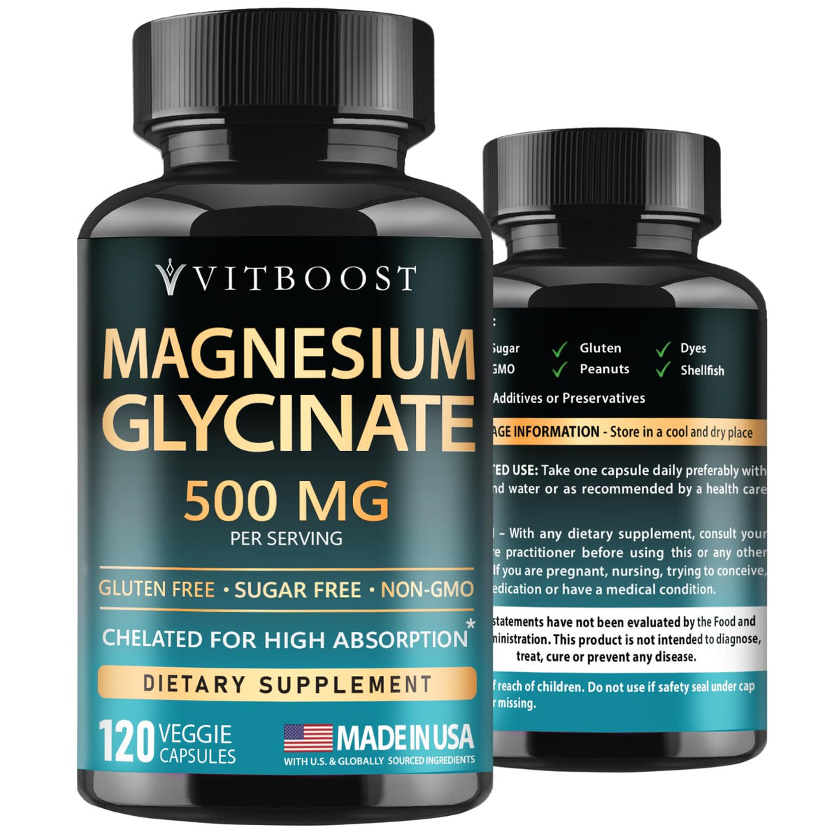 VITBOOST Magnesium Glycinate 500mg - High Absorption Chelated Supplement - Supports Sleep, Muscle Recovery & Heart Health - Non-GMO, Vegan - 120 Capsules - Made in USA VITBOOSTBuy Supplements Australia