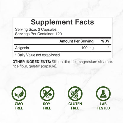 Apigenin, 100mg Per Serving, 240 Capsules – Raw Plant Extract from Chamomile Flower – Active Bioflavonoids & Antioxidants