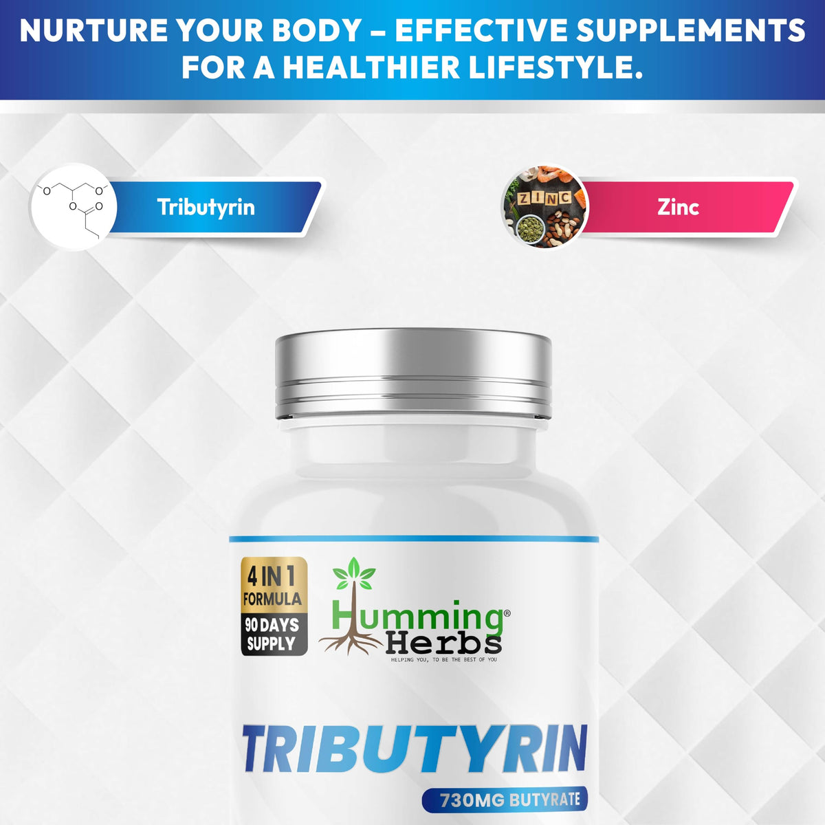 Humming Herbs Tributyrin Complex — 850 mg per Serving (95% Pure, yielding 731 mg Butyrate) with L-Glutamine, Zinc L-Carnosine, FOS & Probiotic Blend (180) Humming HerbsBuy Supplements Australia