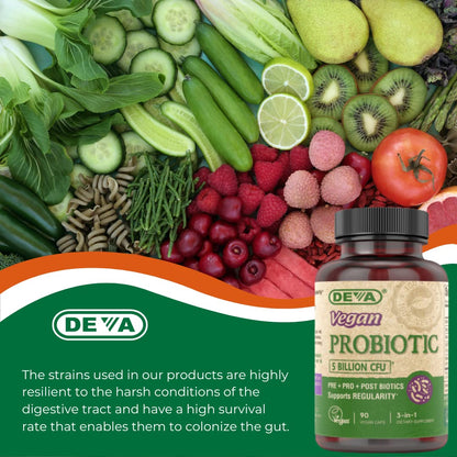 DEVA Vegan Probiotic Supplement - Pre, Pro, and Postbiotics for Digestive Health, 5 Billion CFU, Soil-Based, Spore-Forming, Dairy Free, FOS Prebiotics