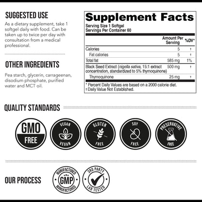 Black Seed Oil Softgels | 5% Thymoquinone - TQ-Advanced® | High Potency - 500 mg per Capsule - 15:1 Concentrate from Nigella Sativa Extract