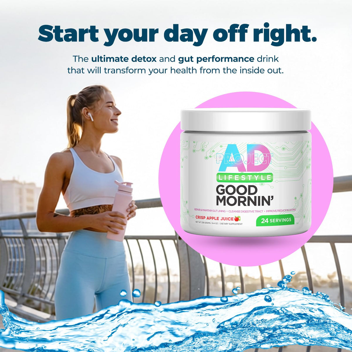 Project AD Life Good Morning Detox and Performance Drink, Naturally Flavored and Formulated with L-GLutamine, Apple Cider Vinegar, and Aloe Vera (24 Servings, Summer Fruits)
