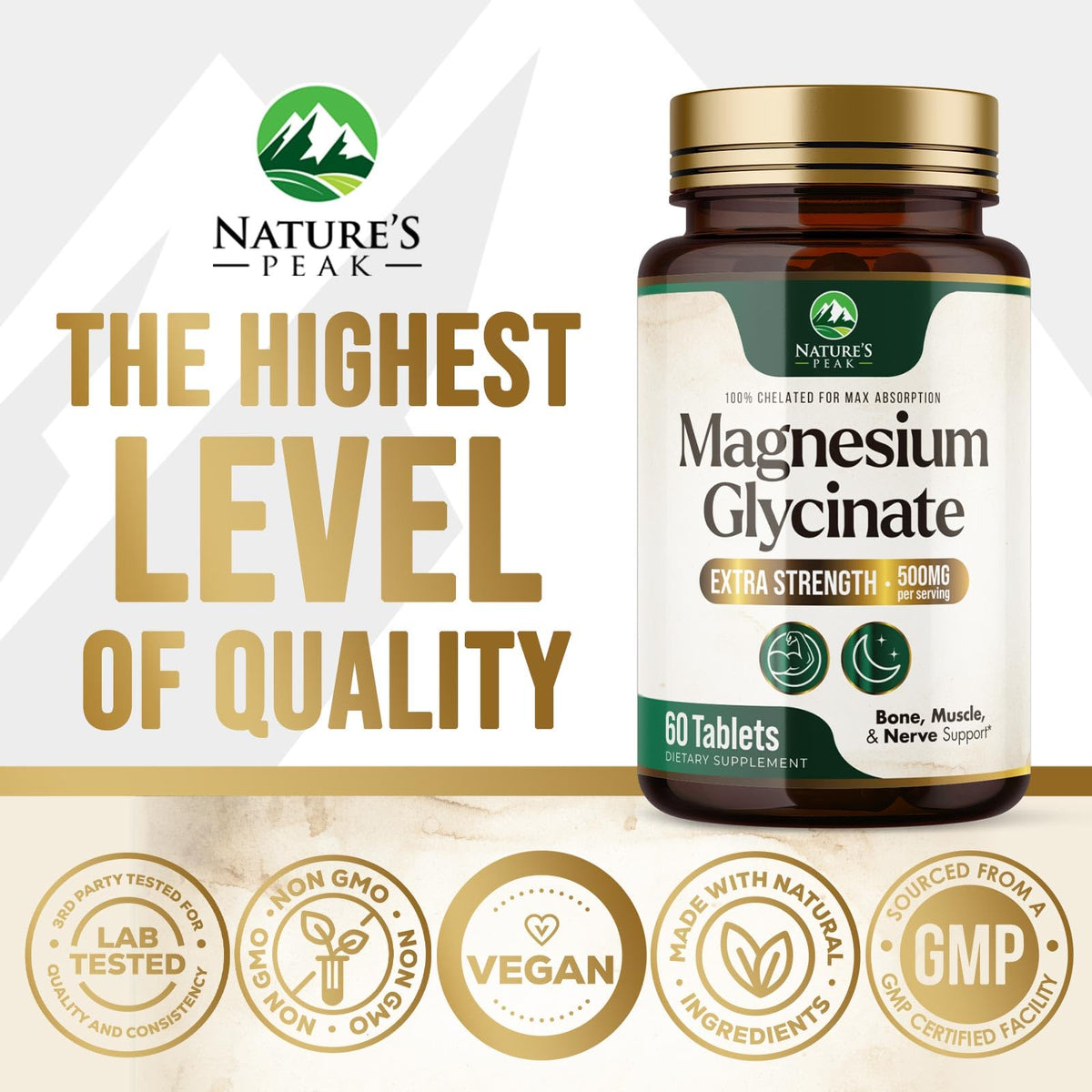 Magnesium Glycinate 500mg Per Serving - High Absorption Chelated Magnesium Supplement for Muscle, Bone and Heart Health Support - Easy Digestion & Gentle on Your Stomach - USA Bottled - 60 Tablets Nature's PeakBuy Supplements Australia