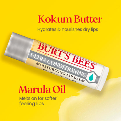Burt's Bees Lip Balm, Moisturizing Lip Care, 100% Natural Origin, Ultra Conditioning with Shea, Cocoa & Kokum Butter (4 Pack)