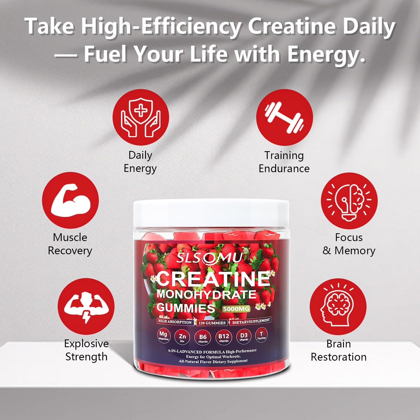 Slsomu Creatine Gummies for Women, 5000mg Pre-Workout Muscle Strength & Energy Support, 0 Sugar Creatine Gummy with L-Taurine, Zinc