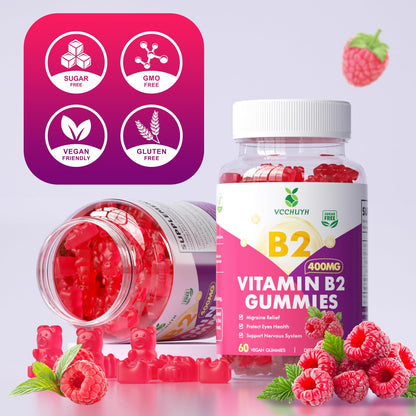 VCCHUYH Vitamin B2 Gummies for Kids & Adults, VIT B2 Riboflavin 400mg Supplement with Magnesium for Migraine Relief & Nervous System Support, Non-GMO,