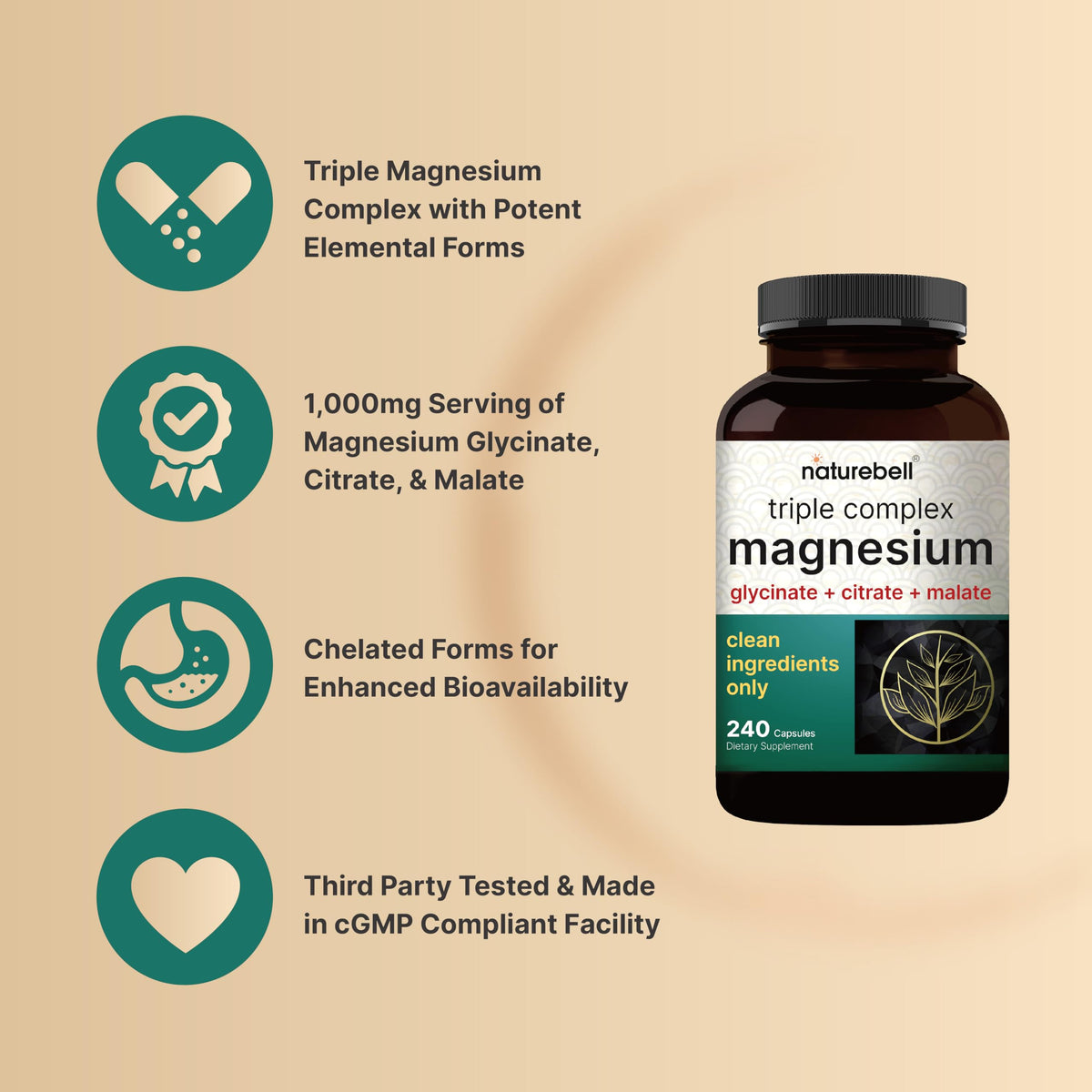 NatureBell Magnesium Complex for Women & Men 1,000mg Per Serving – 240 Capsules – Triple Magnesium Complex with Glycinate, Citrate & Malate – Chelated & Purified – Non‑GMO, Filler Free NatureBell buy supplements Au