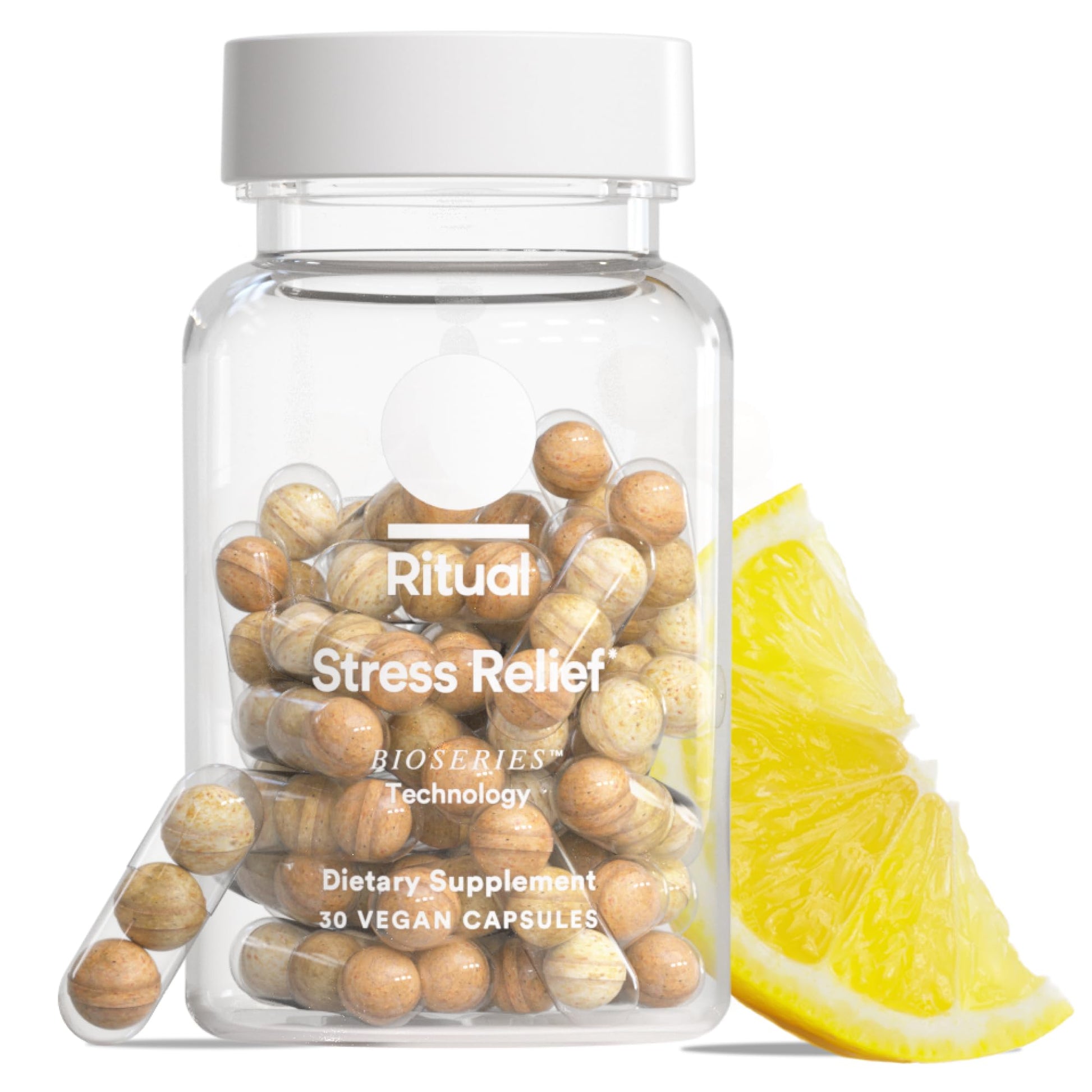 Ritual Stress Relief Supplement - Ashwagandha, L-Theanine, & Saffron - Helps Reduce Stress, Manage Cortisol, Promotes Calm, Relaxation* - All Day Support* - Vegan - Citrus - 30 Capsules - 30 Servings Ritual buy supplements Au