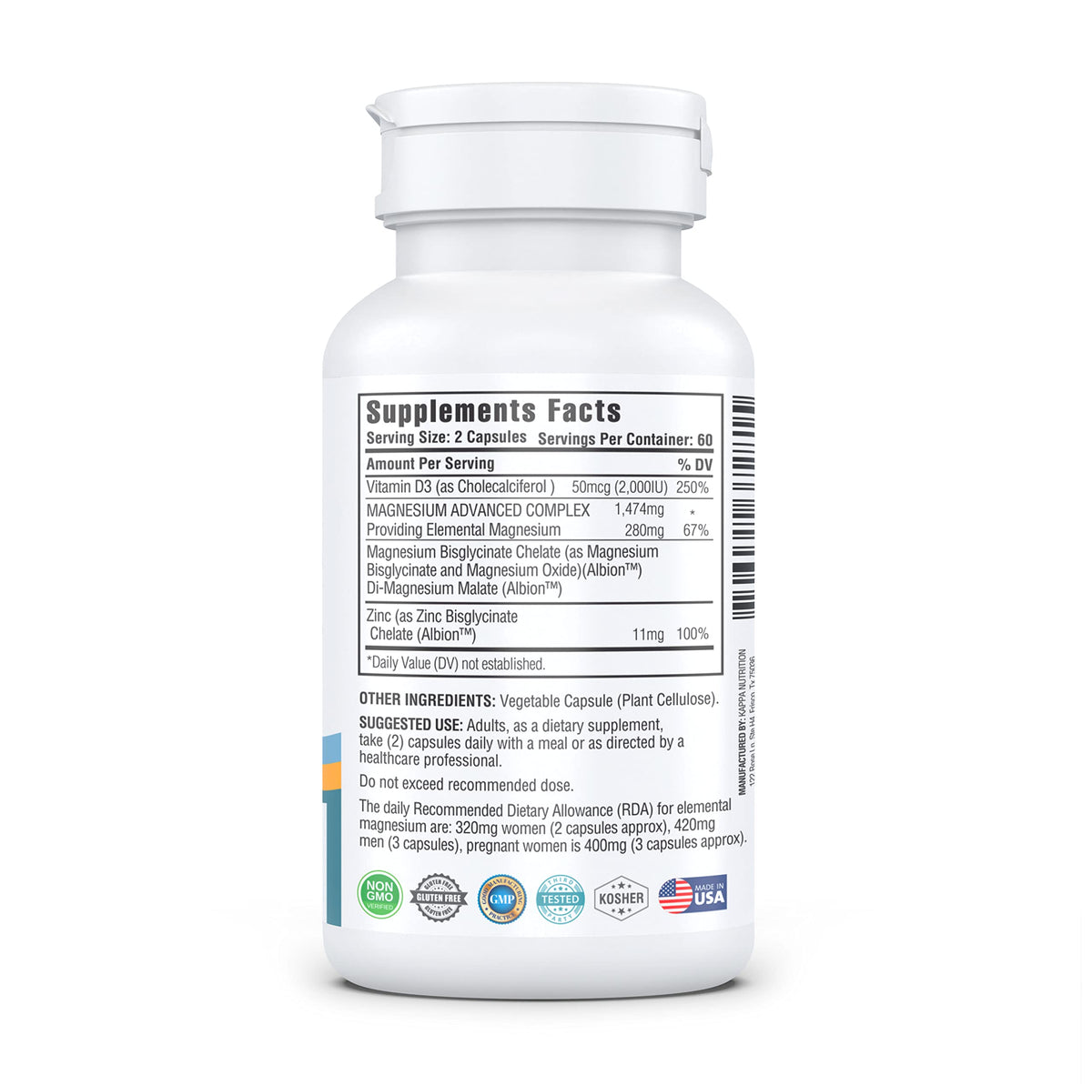 Kappa Nutrition Magnesium 4-in-1, 280mg Elemental Magnesium (Bisglycinate, Malate) + Zinc & Vitamin D3, Brain, Sleep, Energy, Muscle, Immune Support, 120 Vegan Capsules. KAPPA NUTRITIONBuy Supplements Australia