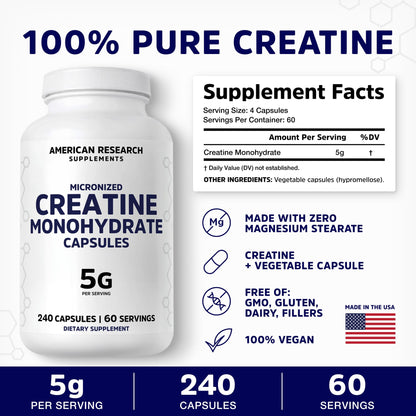 Creatine Monohydrate Capsules 5G | 60 Servings | Vegan | 4 Caps per Serving | Micronized Creatine Pills 5000mg | 240 Capsules | Creatine Pills For Men & Women