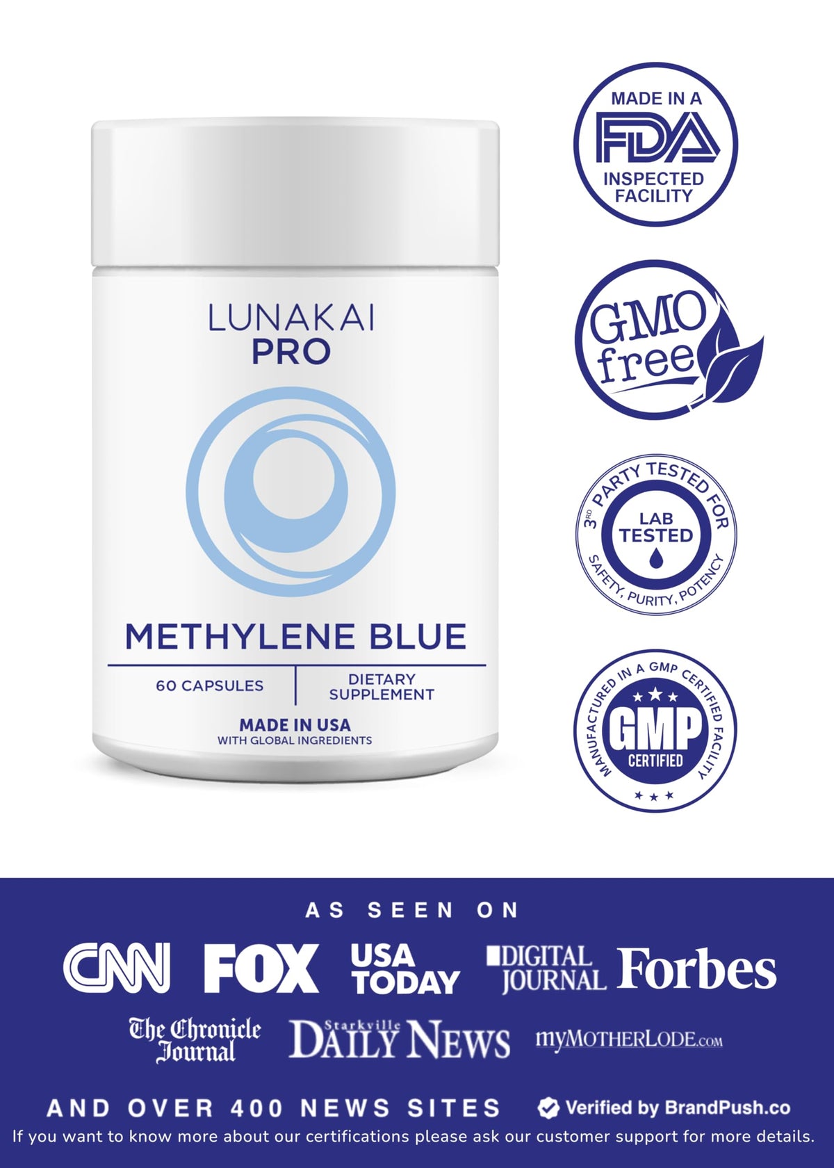 Lunakai PRO USA Made Methylene Blue Capsules Pharmaceutical Grade with Vitamin C, B6, B12 – 3rd-Party Tested Daily Brain & Focus Support Supplement for Humans, 60ct Lunakai buy supplements Au