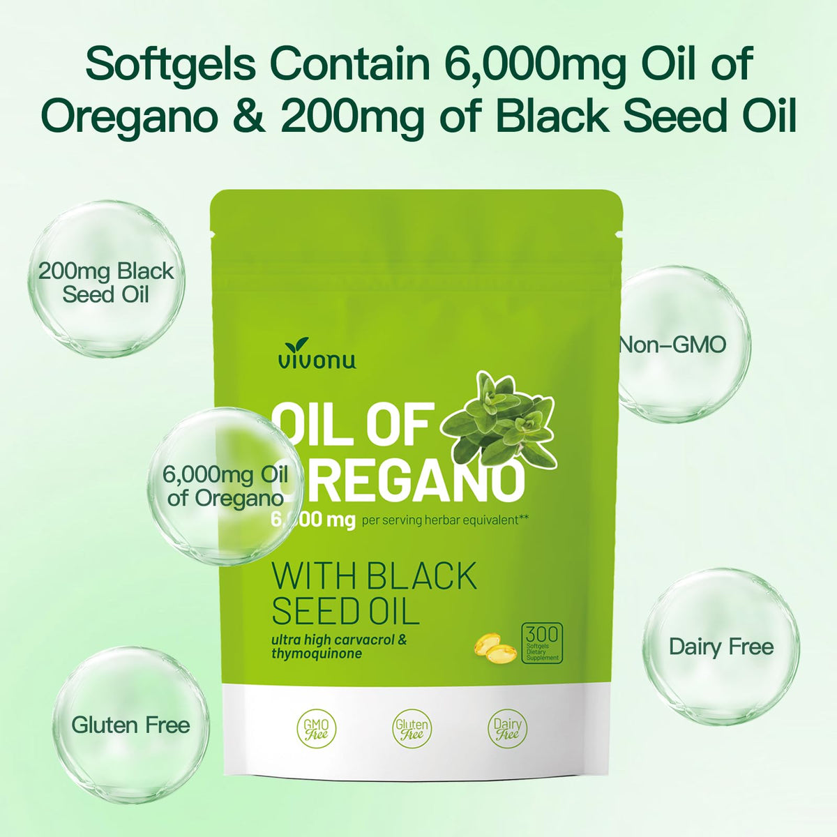 VivoNu Oil of Oregano with Black Seed Oil, Balanced Oil of Oregano Capsules, 300 Count Organic OreganoOil Softgels