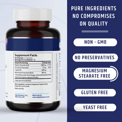 AgeImmune Vitamin C 1000mg Complex with L-Lysine 500mg, Zinc 12mg, Bioflavonoids 300mg. Doctor Formulated Magnesium Stearate Free Supplements for Healthy Immune System Support.(1) AgeImmune buy supplements Au