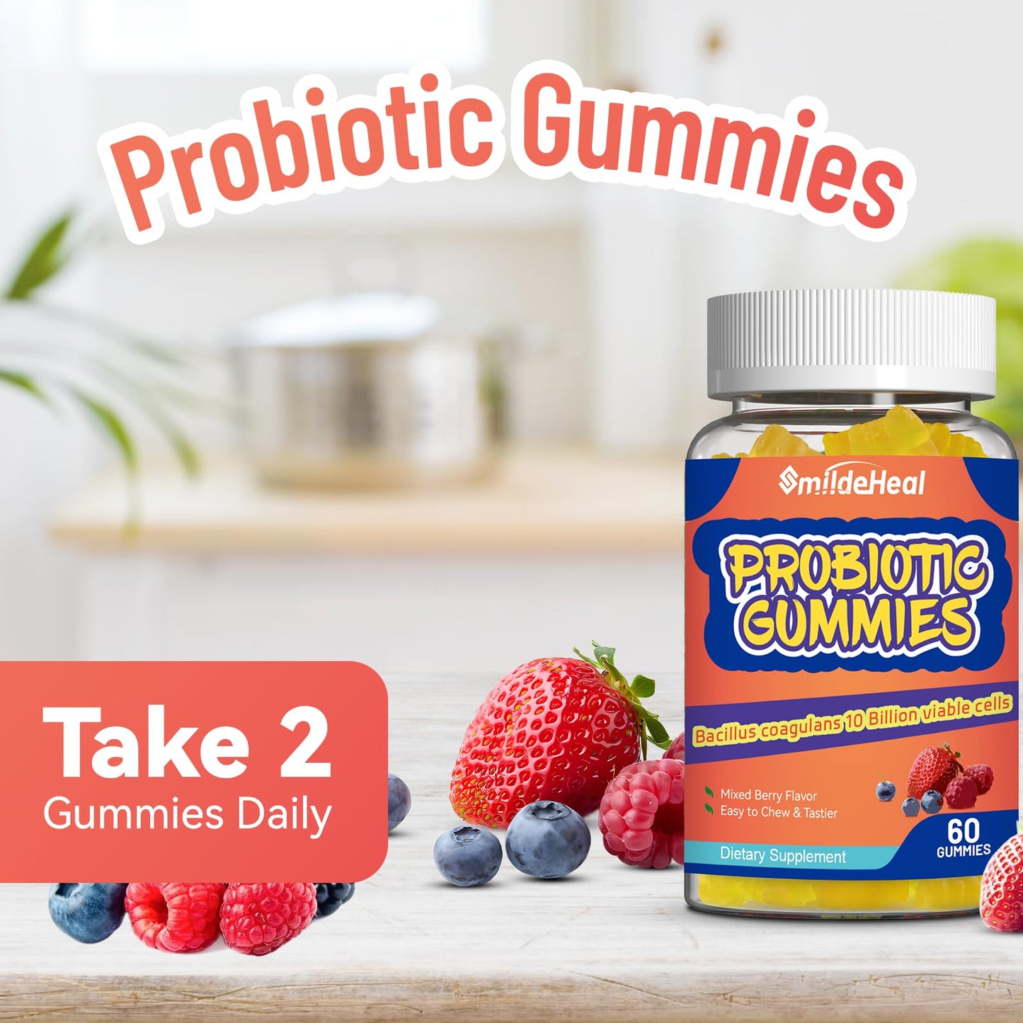 Probiotic Gummies for Digestive Health - 10 Billion CFU Bacillus Coagulans - Vegan & Non-GMO - Immune & Digestive Support for Men & Women - Strawberry & Mixed Berry Flavor