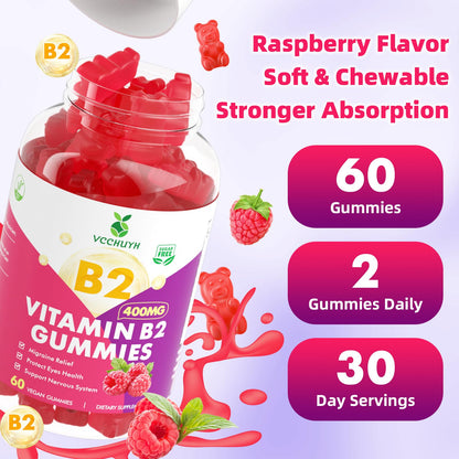 VCCHUYH Vitamin B2 Gummies for Kids & Adults, VIT B2 Riboflavin 400mg Supplement with Magnesium for Migraine Relief & Nervous System Support, Non-GMO,