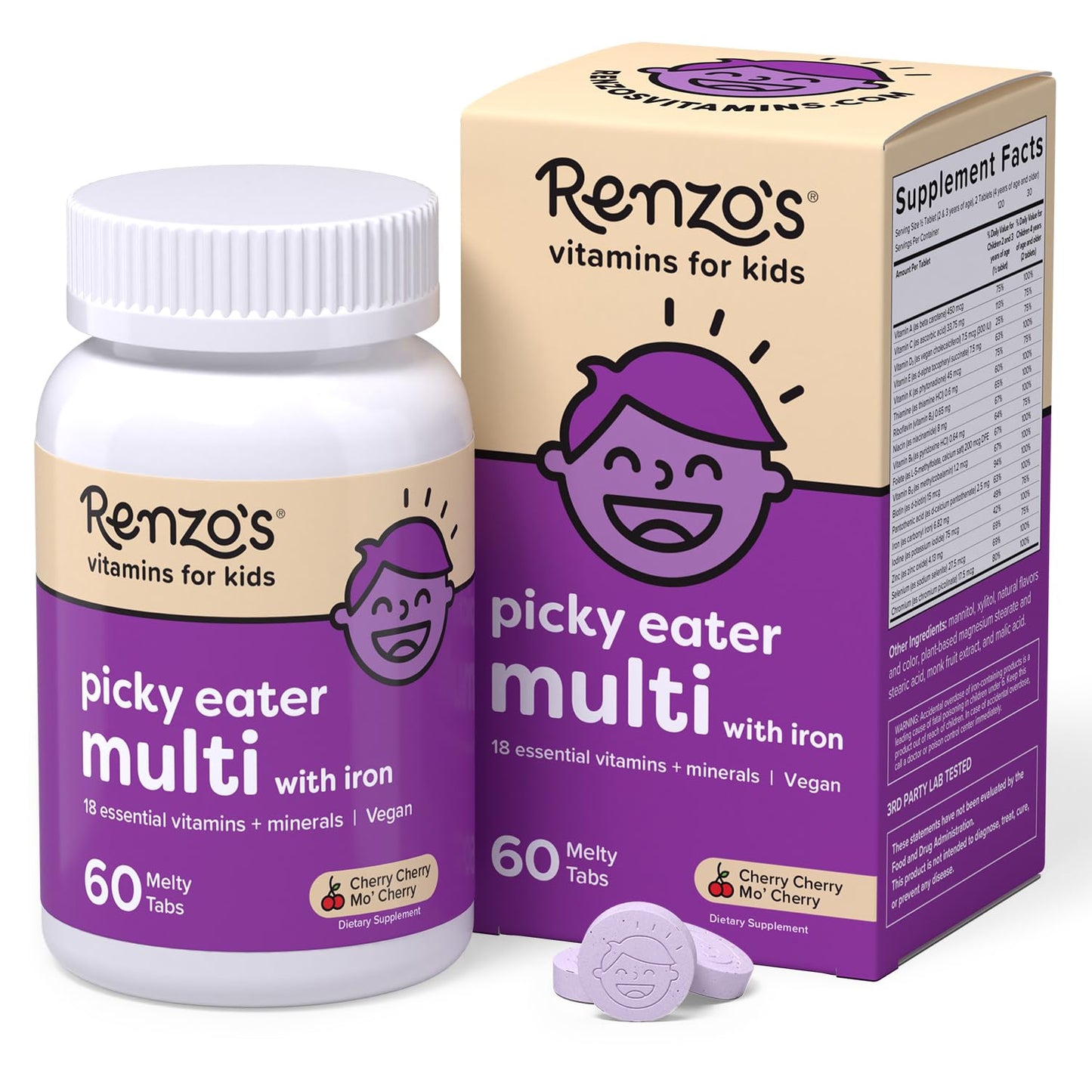Renzo's Picky Eater Kids Multivitamin with Iron - Dissolvable Kids Vitamins with Iron, Zinc, Vitamin C, Vitamin D, E & K, Sugar-Free Melty Tabs, Cherry Flavor