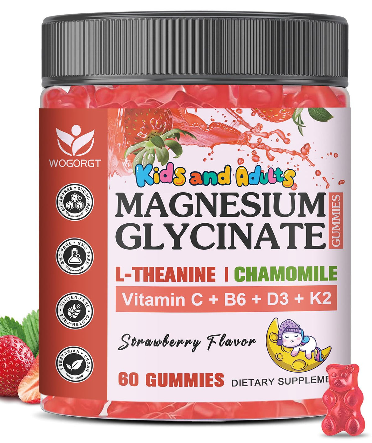 Magnesium Glycinate Gummies for Kids & Adults - Relaxation & Cognition Support - 400/200mg Magnesium Supplement with L-Theanine, Chamomile, B6, D3 & K2 - Vegan, Sugar Free, Strawberry Flavor, 60 Ct WOGORGTBuy Supplements Australia