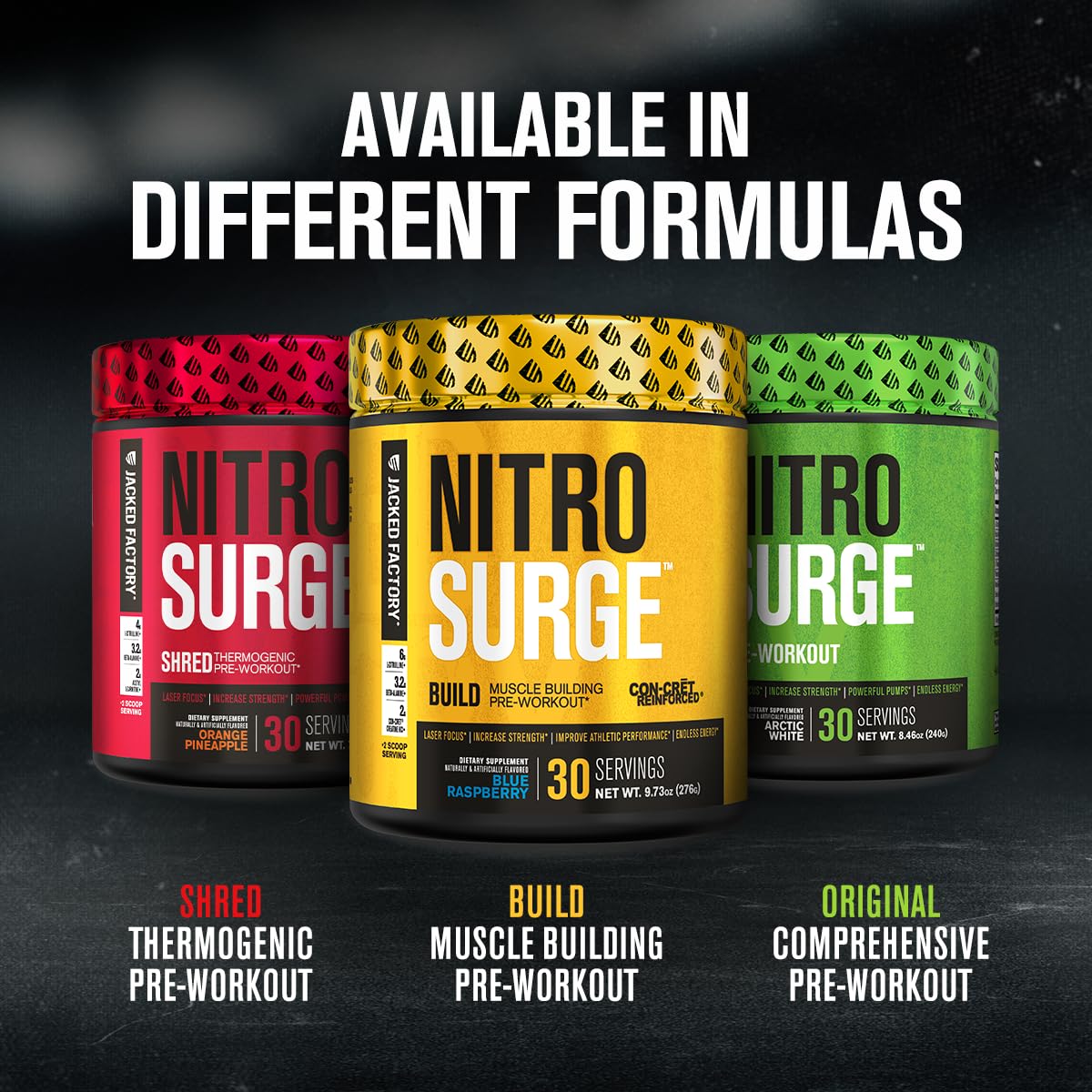 Jacked Factory Nitrosurge Build Pre Workout with Creatine for Muscle Building - Con Cret Creatine Powder & elevATP for Intense Energy, Powerful Pump