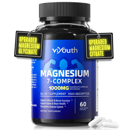 Supplement bottle labeled 'vyouth Magnesium 7-Complex' with capsules on a white background