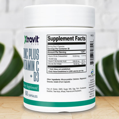 Xtravit Zinc Plus Vitamin C + D3 Supplement – Natural Immune Defense Supplements for Men & Women - May Support Skin, Energy, Bones, & Overall Wellness - Non-GMO, Gluten-Free, No Fillers, 60 Capsules Xtravit buy supplements Au